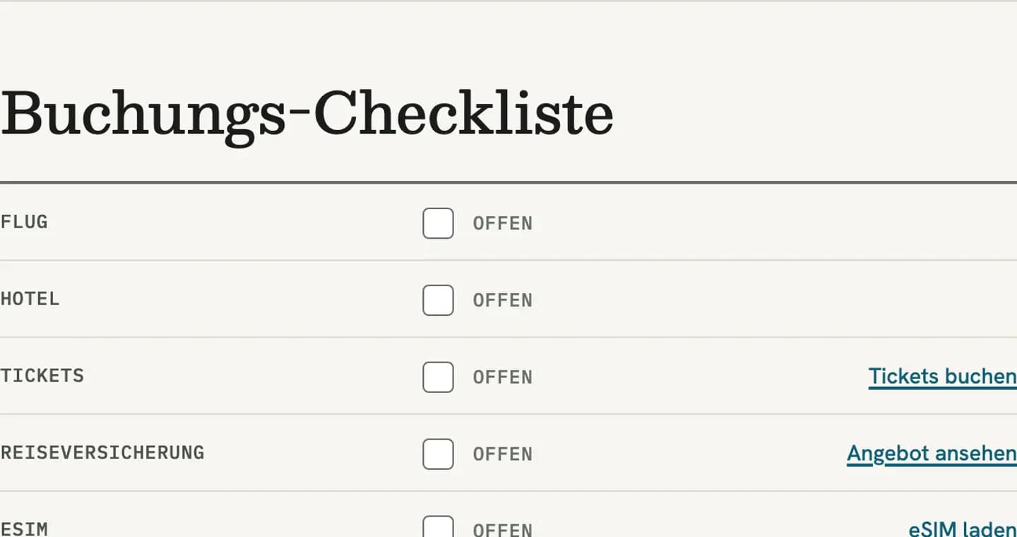 Crop from the demo map sheet: booking checklist