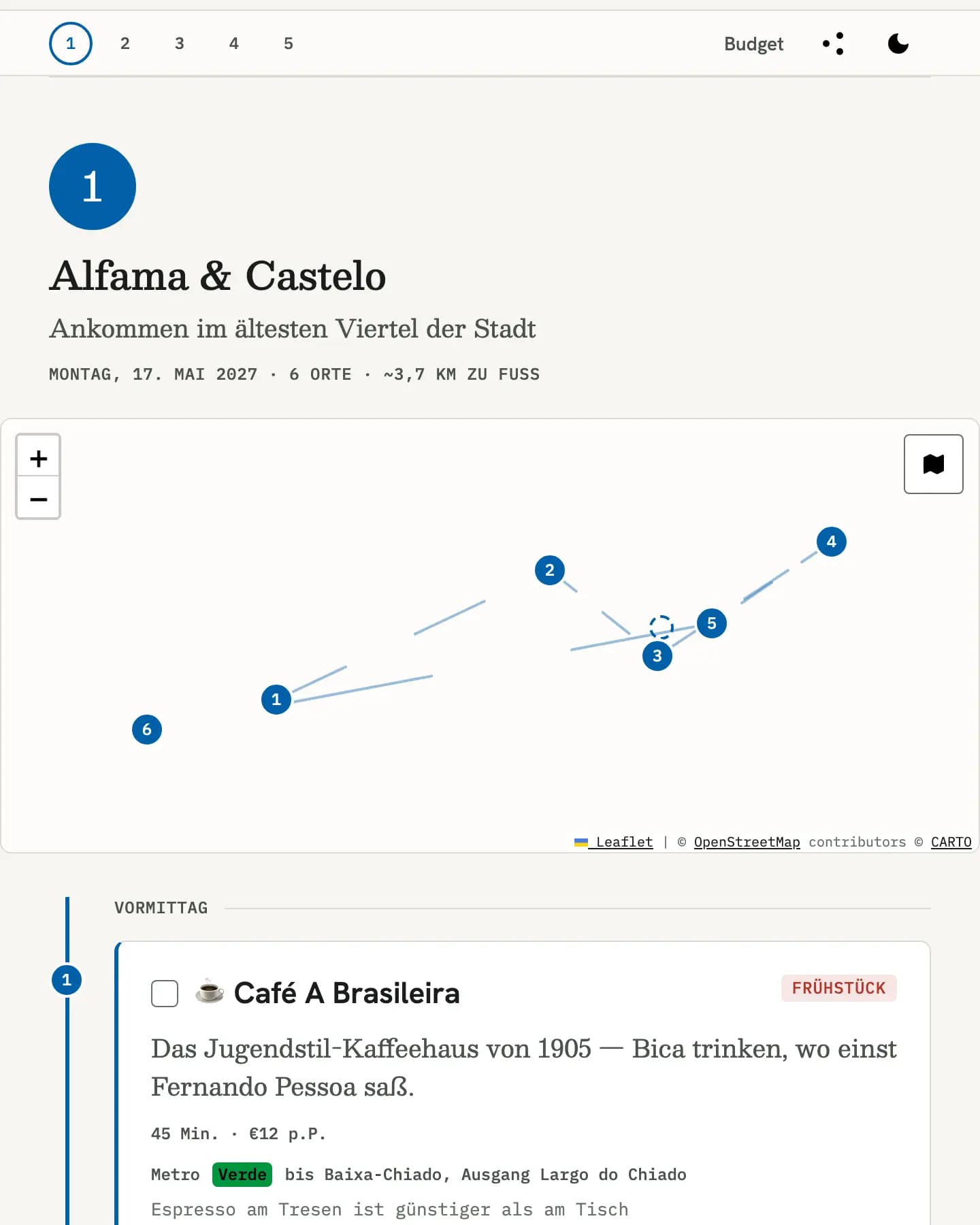 Crop from the demo map sheet: day map with numbered markers and timeline