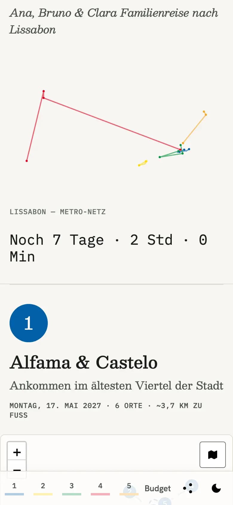 Mobile map sheet of the Lisbon demo trip in a phone frame